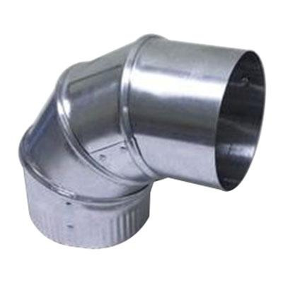 Galvanized 90-degree duct elbow for HVAC airflow and electrical ventilation systems.