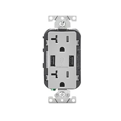 Tamper-resistant duplex outlet with dual USB ports for modern wiring device installations.