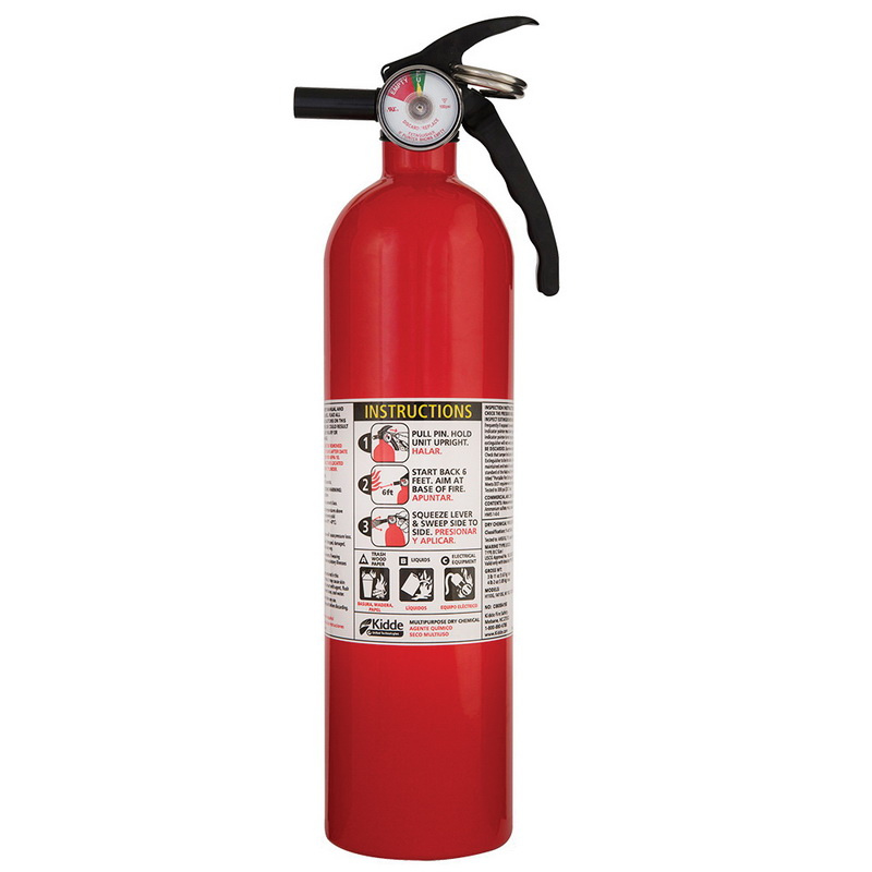 Multipurpose ABC fire extinguisher for jobsite safety and electrical hazard protection.
