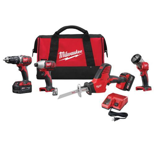 Milwaukee cordless power tool combo kit with drill, impact driver, reciprocating saw, and LED work light—ideal for electrical jobsite use.
